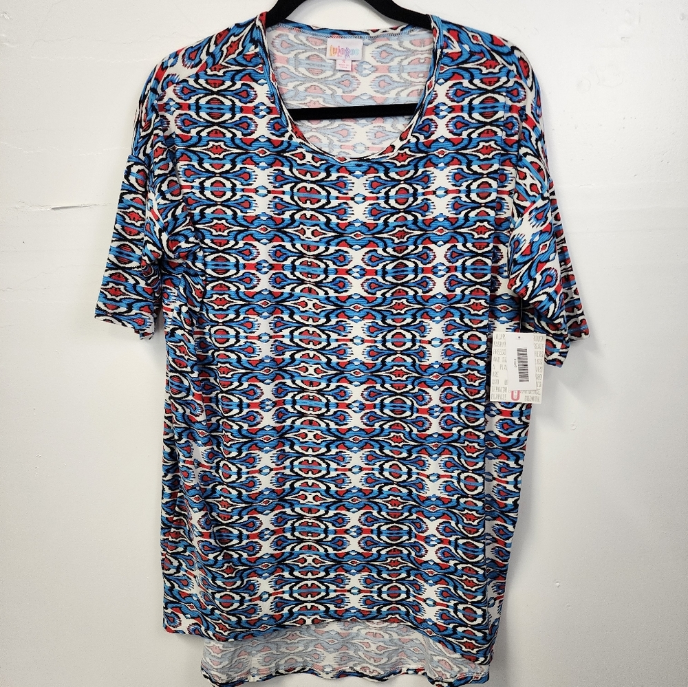 LuLaRoe Irma Small Blouse High Low New Shirt Short Sleeve Red Blue White
